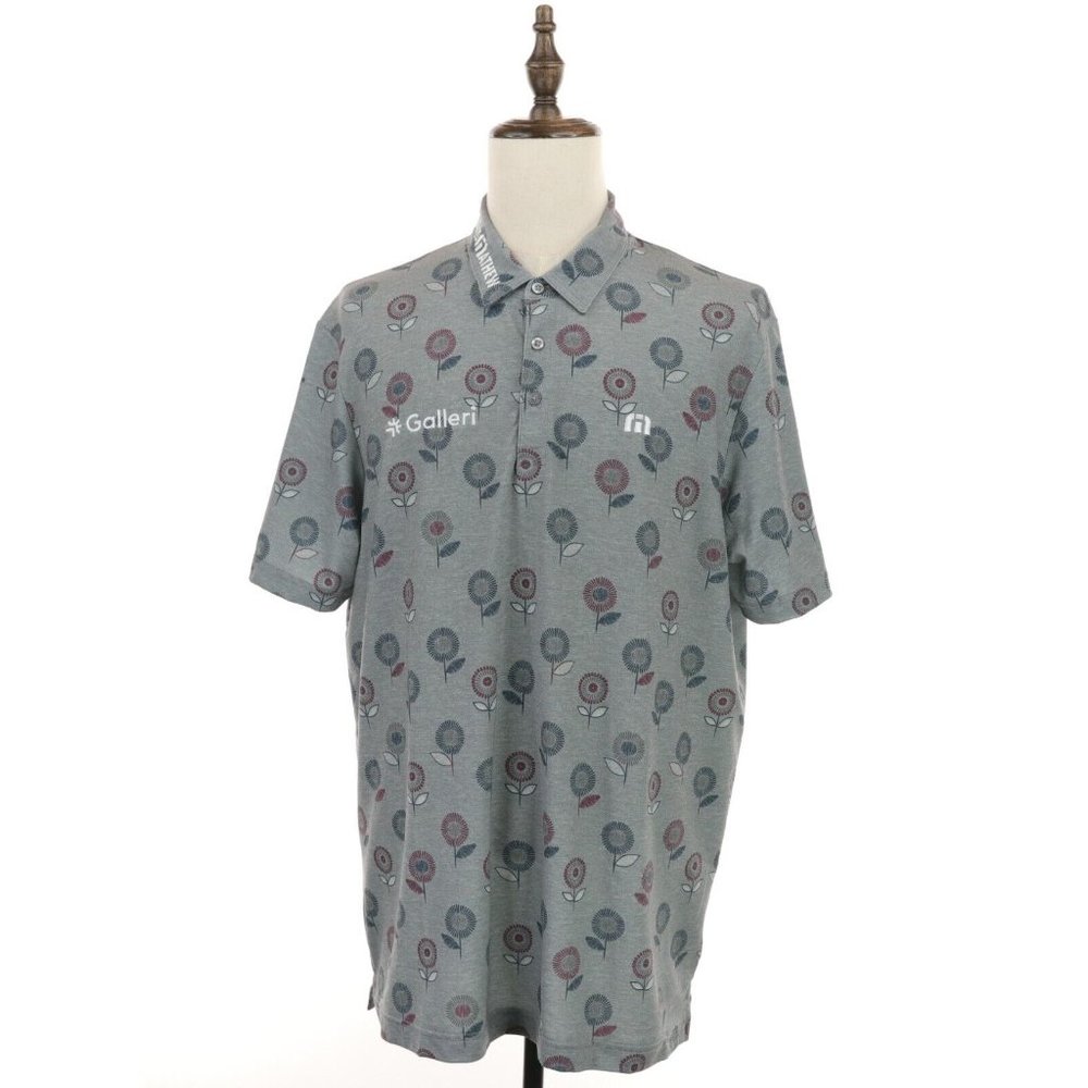 Travis Mathew Golf Polo Shirt Men's XL Gray Purple Blue Floral Pattern Spell Out - Picture 1 of 9